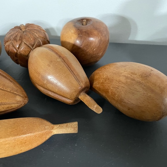 Vintage MCM Monkey Pod Wood Leaf Bowl and wooden fruit.Excellent retro - Picture 12 of 16